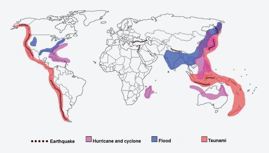 Figure 1. Map of exposure to different extreme natural events. Source: By the author using data from the Internal Displacement Monitoring Center (IDMC).